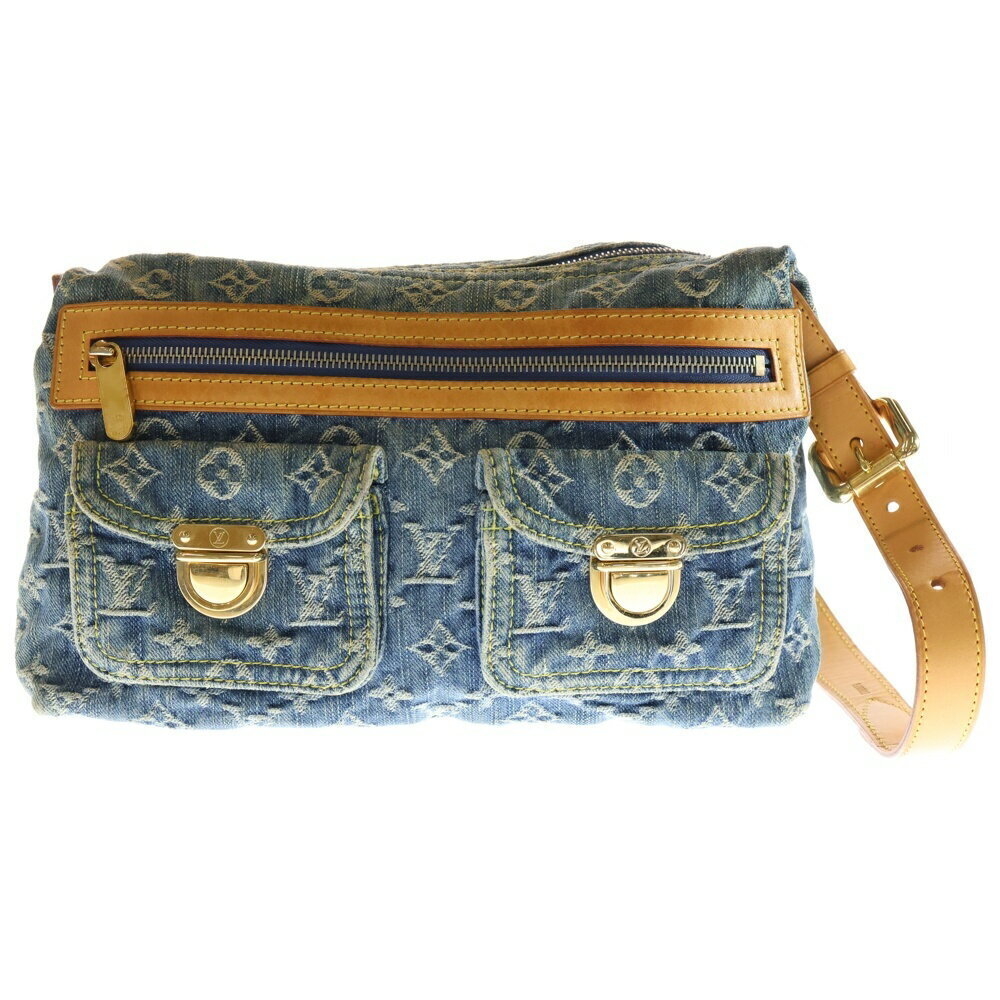 Louis Vuitton Monogram Denim Baggy Denim Shoulder Bag Indigo Blue Brown Leather